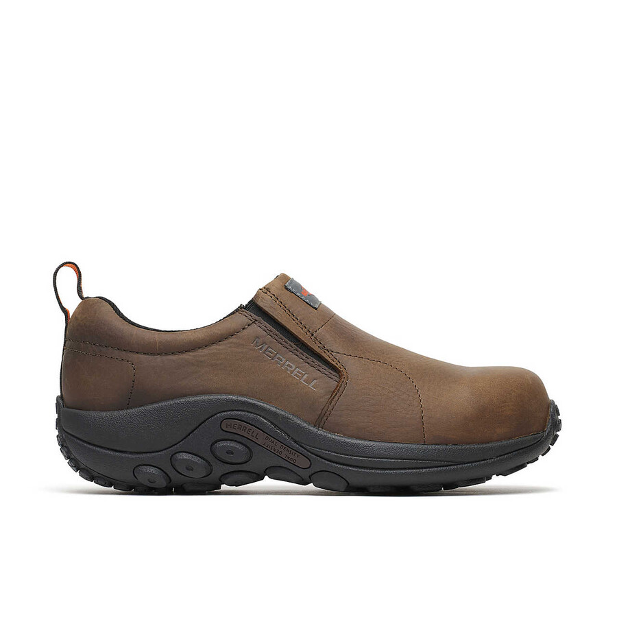 sapato de trabalho masculino jungle moc em couro com biqueira reforçada tamanho largo cor café expresso.