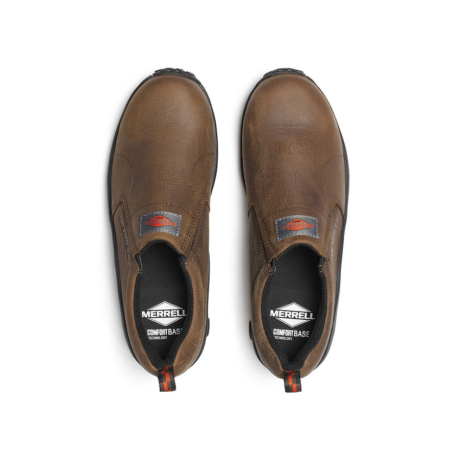 sapato de trabalho masculino jungle moc em couro com biqueira reforçada tamanho largo cor café expresso.
