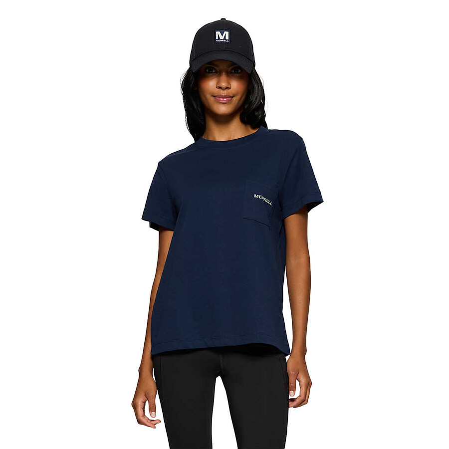 camiseta feminina de manga curta com bolso e modelagem relaxada - azul marinho noite