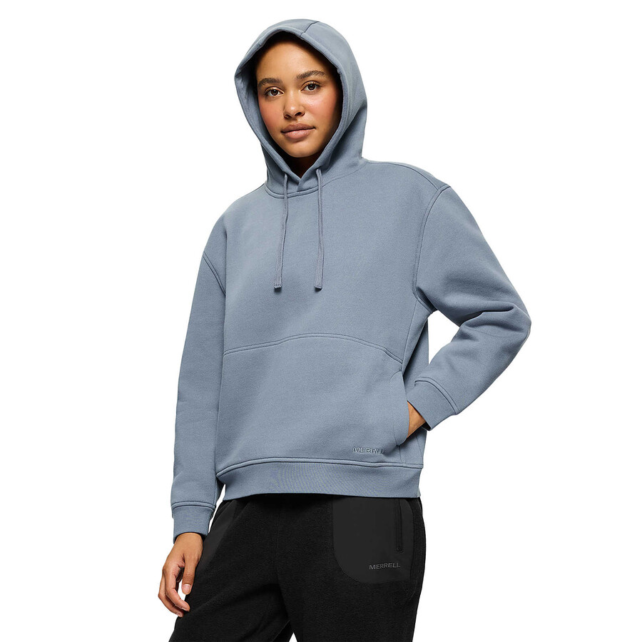 moletom feminino com capuz estilo descontraído azul-claro.