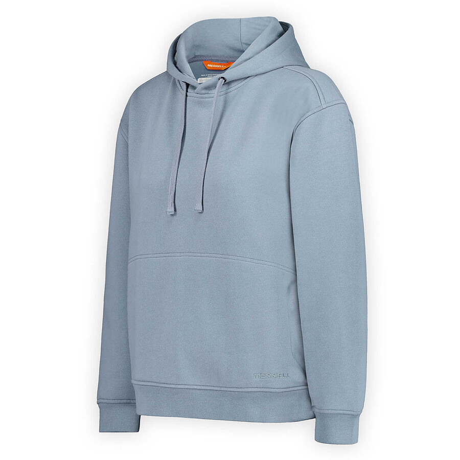 moletom feminino com capuz estilo descontraído azul-claro.